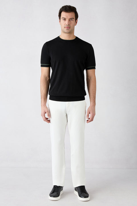 Black Crew Neck Regular Fit Ribbed Knit T-shirt