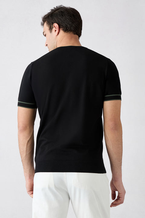 Black Crew Neck Regular Fit Ribbed Knit T-shirt