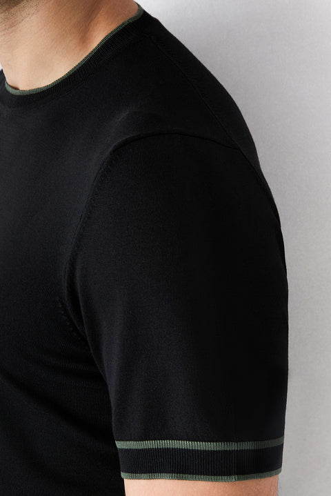 Black Crew Neck Regular Fit Ribbed Knit T-shirt