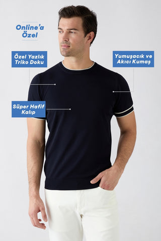  Koyu Lacivert Bisiklet Yaka Regular Fit Ribana Detaylı Örme Tişört