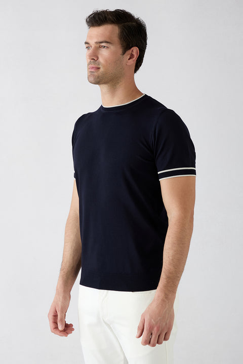 Dark Navy Crew Neck Regular Fit Ribbed Knit T-shirt