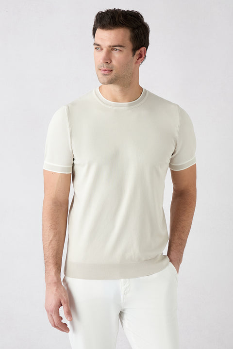 Stone Crew Neck Regular Fit Ribbed Knitted T-Shirt