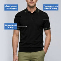 Siyah Regular Fit Şerit Detaylı Polo Yaka Örme Tişört