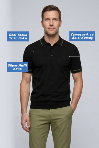  Siyah Regular Fit Şerit Detaylı Polo Yaka Örme Tişört