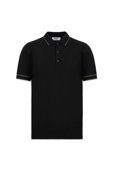 Siyah Regular Fit Şerit Detaylı Polo Yaka Örme Tişört