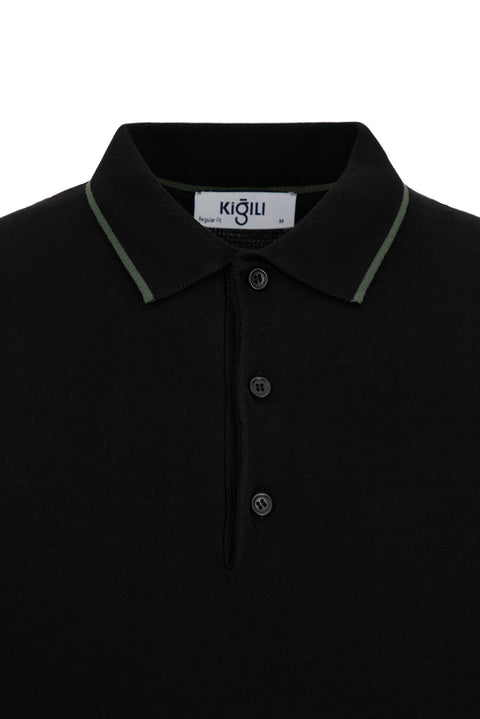 Siyah Regular Fit Şerit Detaylı Polo Yaka Örme Tişört