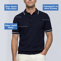 Dark Navy Regular Fit Striped Detail Polo Neck Knitted T-Shirt