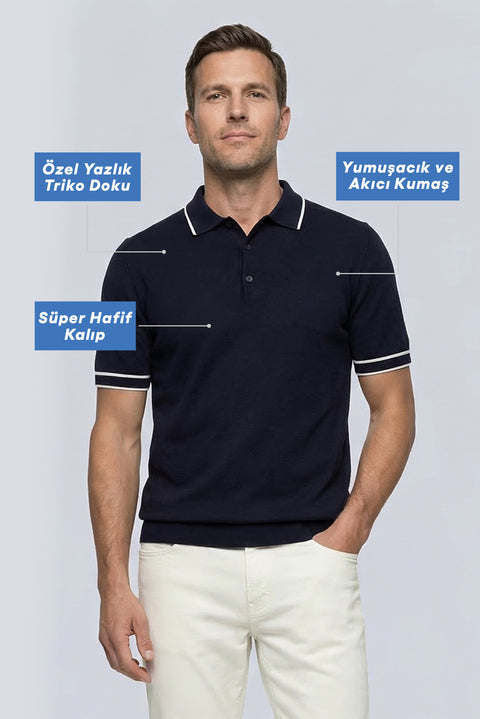 Dark Navy Regular Fit Striped Detail Polo Neck Knitted T-Shirt