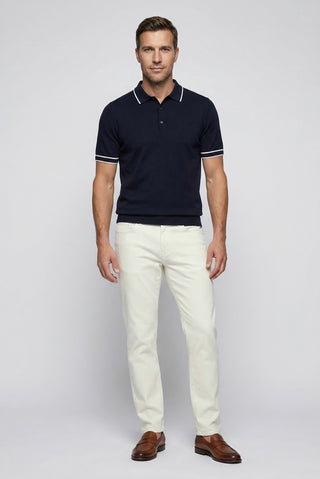  Koyu Lacivert Regular Fit Şerit Detaylı Polo Yaka Örme Tişört