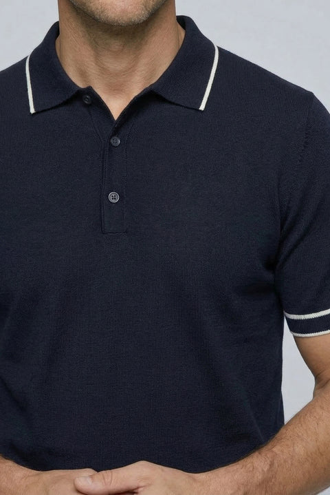Dark Navy Regular Fit Striped Detail Polo Neck Knitted T-Shirt