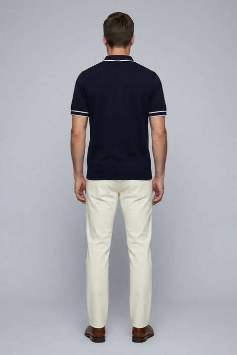 Dark Navy Regular Fit Striped Detail Polo Neck Knitted T-Shirt