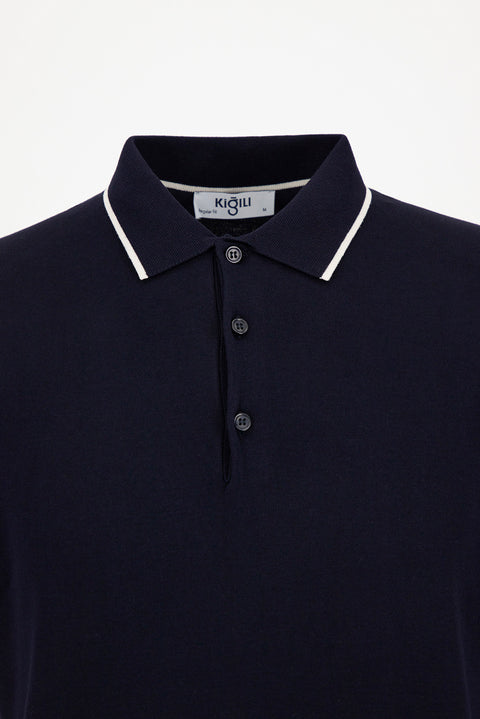 Dark Navy Regular Fit Striped Detail Polo Neck Knitted T-Shirt