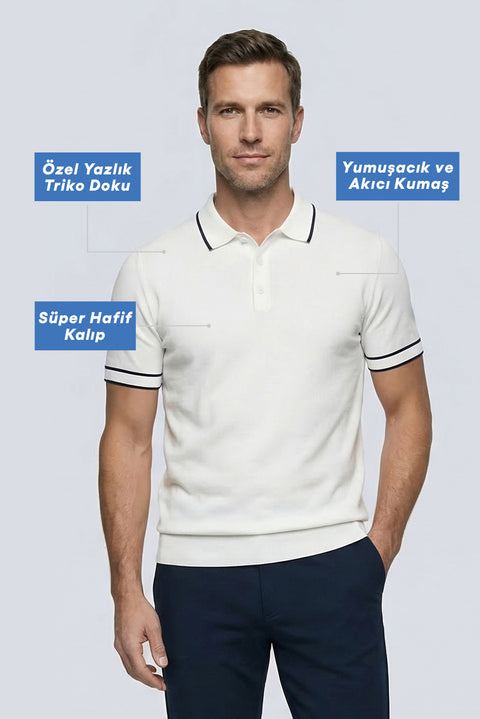 Off-White Regular Fit Striped Detail Polo Neck Knitted T-Shirt