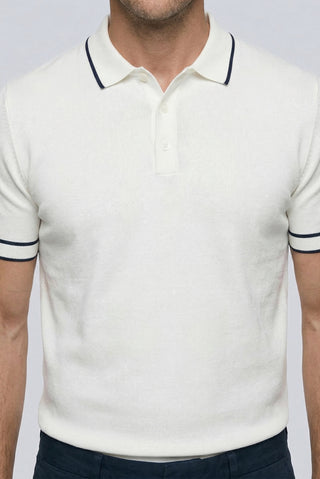  Kırık Beyaz Regular Fit Şerit Detaylı Polo Yaka Örme Tişört