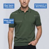 Orta Haki Regular Fit Şerit Detaylı Polo Yaka Örme Tişört