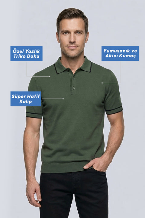 Orta Haki Regular Fit Şerit Detaylı Polo Yaka Örme Tişört