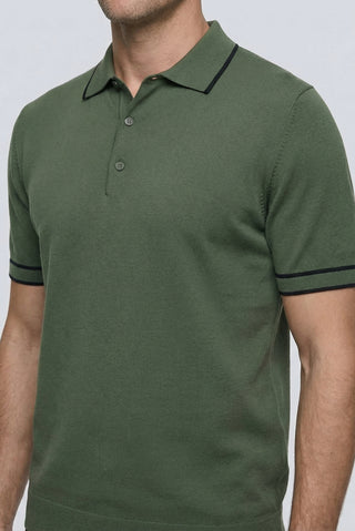  Orta Haki Regular Fit Şerit Detaylı Polo Yaka Örme Tişört