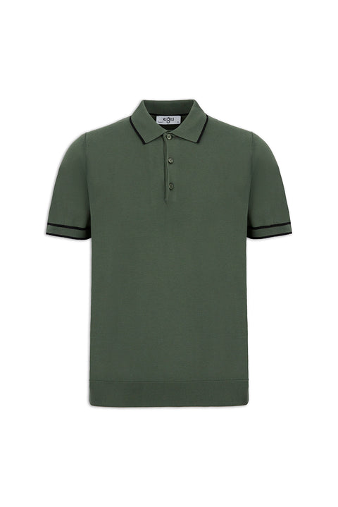 Orta Haki Regular Fit Şerit Detaylı Polo Yaka Örme Tişört
