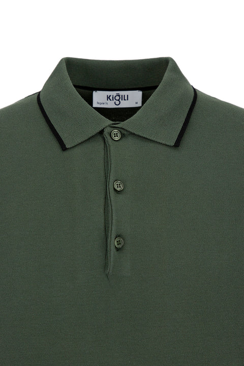 Orta Haki Regular Fit Şerit Detaylı Polo Yaka Örme Tişört