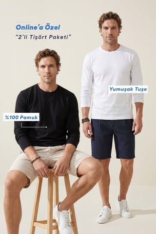  Siyah-Beyaz Uzun Kol Bisiklet Yaka Regular Fit %100 Pamuk 2'li Paket Basic Tişört Seti