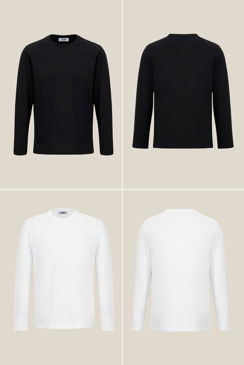 Siyah-Beyaz Uzun Kol Bisiklet Yaka Regular Fit %100 Pamuk 2'li Paket Basic Tişört Seti