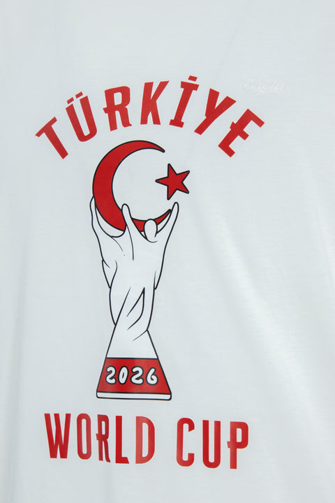 Beyaz Bisiklet Yaka Regular Fit %100 Pamuk Dünya Kupası Özel Baskılı Tişört