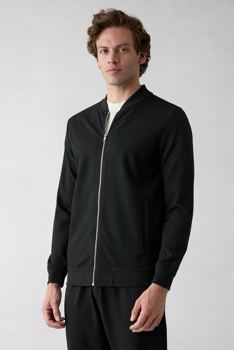 Black Zippered Flexible Bomber Sweat Cardigan