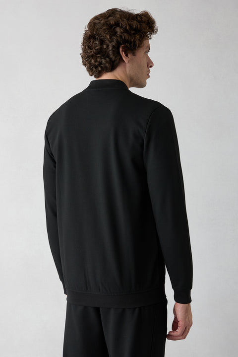 Black Zippered Flexible Bomber Sweat Cardigan