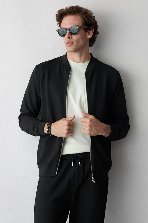 Black Zippered Flexible Bomber Sweat Cardigan