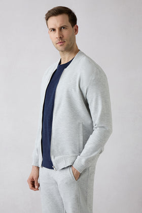 Açık Gri Melanj Fermuarlı Esnek Bomber Sweat Hırka