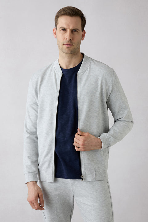 Light Grey Marl Zippered Stretchy Bomber Sweat Cardigan