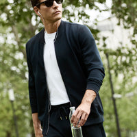 Dark Navy Blue Zippered Flexible Bomber Sweat Cardigan