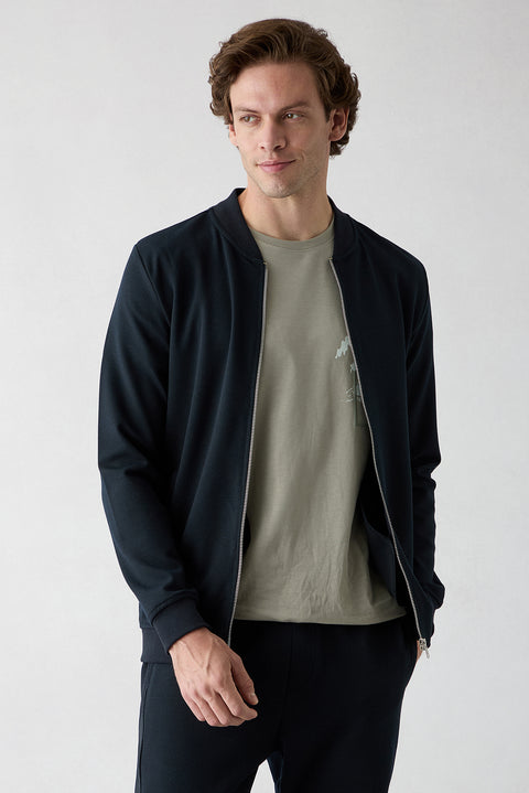 Dark Navy Blue Zippered Flexible Bomber Sweat Cardigan