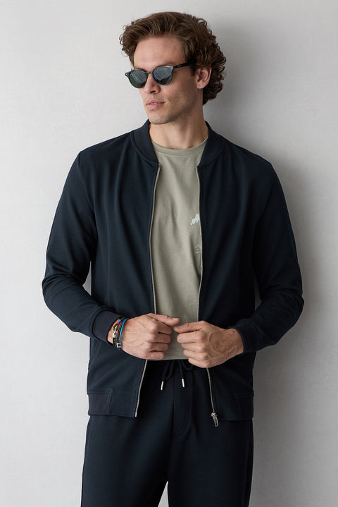 Dark Navy Blue Zippered Flexible Bomber Sweat Cardigan