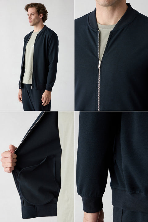 Dark Navy Blue Zippered Flexible Bomber Sweat Cardigan