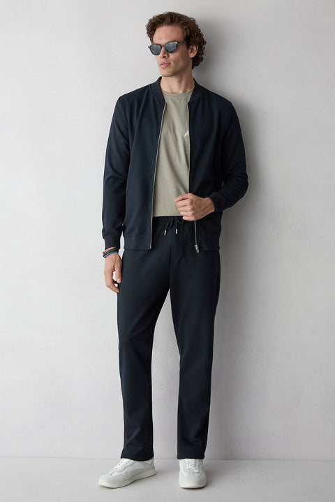 Dark Navy Blue Zippered Flexible Bomber Sweat Cardigan