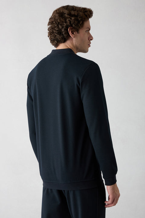 Dark Navy Blue Zippered Flexible Bomber Sweat Cardigan