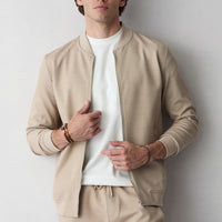 Open Beige Zippered Flexible Bomber Sweat Cardigan