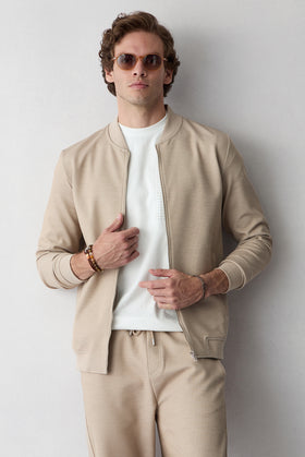 Açık Bej Fermuarlı Esnek Bomber Sweat Hırka