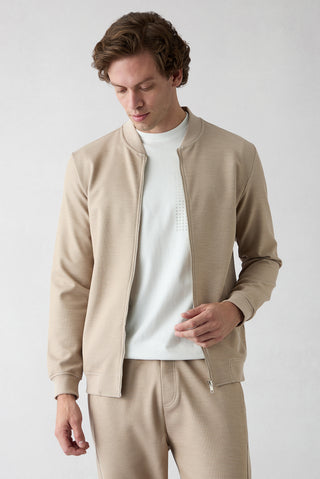  Açık Bej Fermuarlı Esnek Bomber Sweat Hırka