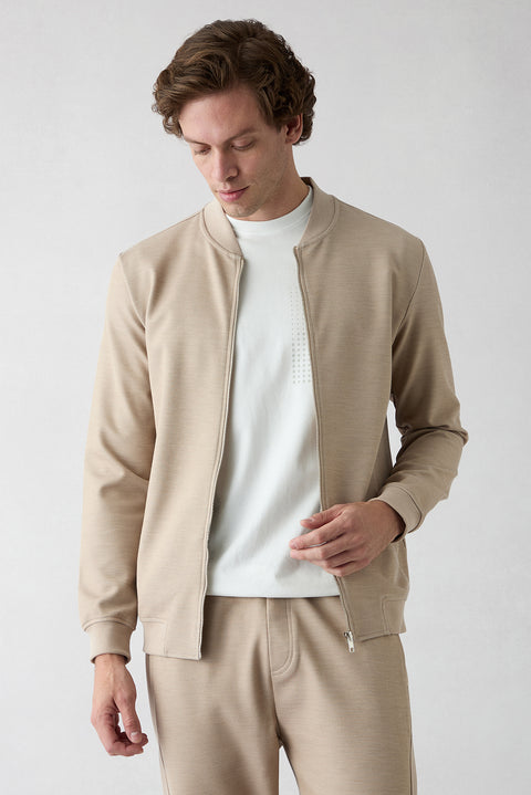 Open Beige Zippered Flexible Bomber Sweat Cardigan