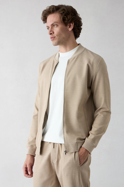 Open Beige Zippered Flexible Bomber Sweat Cardigan