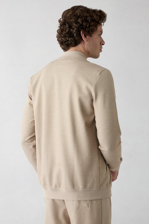 Open Beige Zippered Flexible Bomber Sweat Cardigan