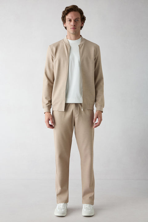 Open Beige Zippered Flexible Bomber Sweat Cardigan