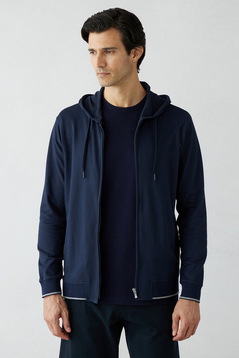 Dark Navy Regular Fit Hooded Zip-Up Knitted Sweatshirt