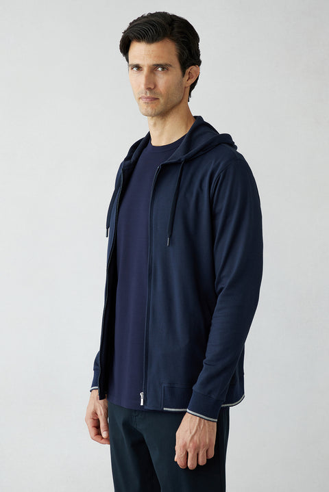 Dark Navy Regular Fit Hooded Zip-Up Knitted Sweatshirt