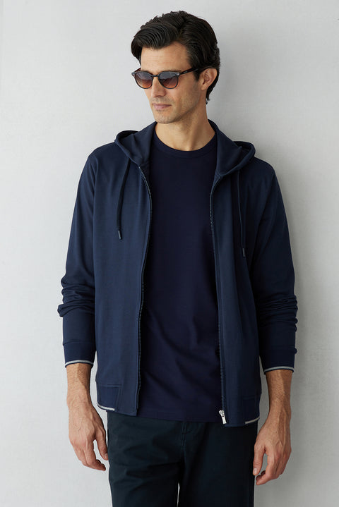 Dark Navy Regular Fit Hooded Zip-Up Knitted Sweatshirt