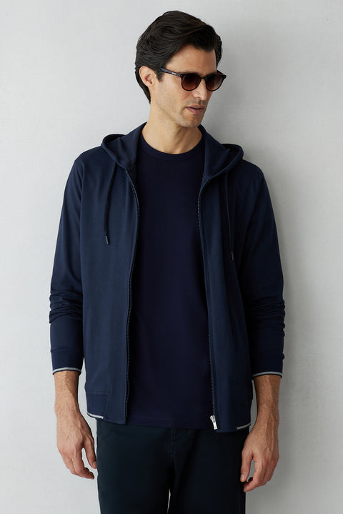 Dark Navy Regular Fit Hooded Zip-Up Knitted Sweatshirt