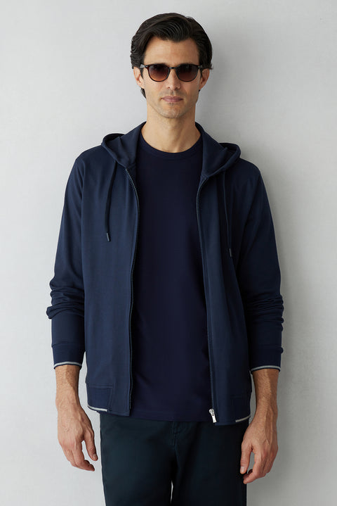 Dark Navy Regular Fit Hooded Zip-Up Knitted Sweatshirt