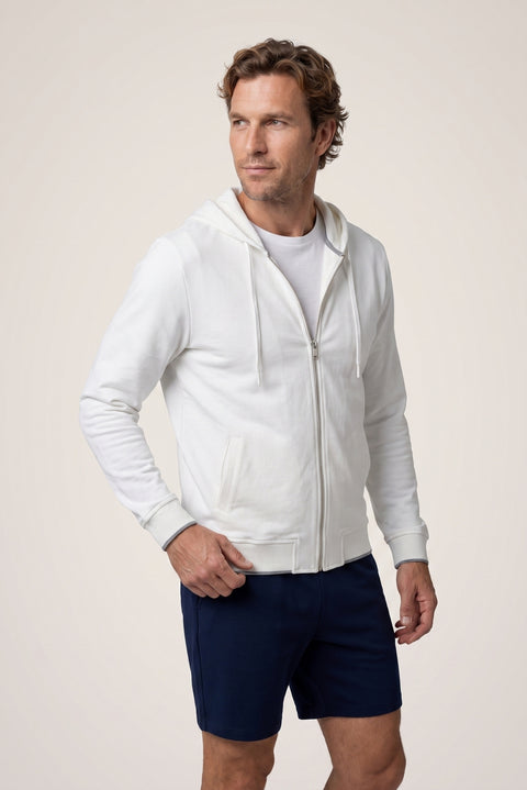 Beyaz Regular Fit Kapüşonlu Fermuarlı Cepli Sweatshirt Hırka